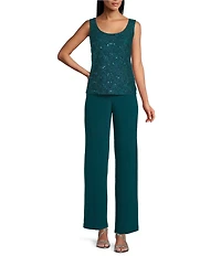 R & M Richards 3/4 Sleeve Sequin And Pearl Embellished Crew Neck Lace 3-Piece Pant Set