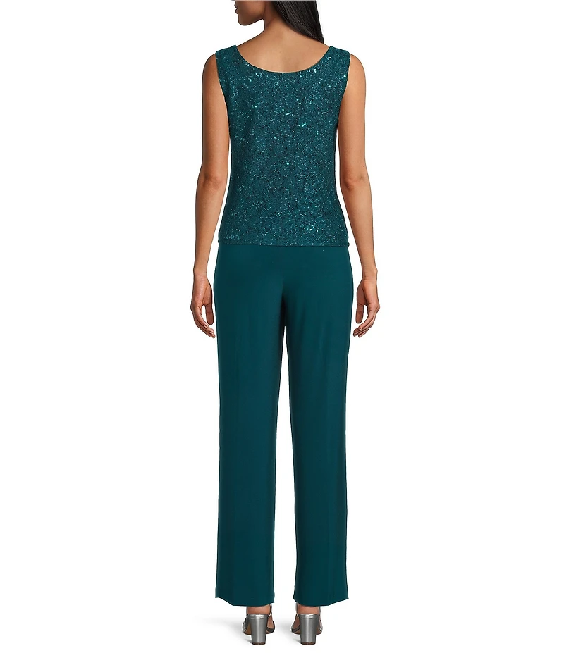 R & M Richards 3/4 Sleeve Sequin And Pearl Embellished Crew Neck Lace 3-Piece Pant Set