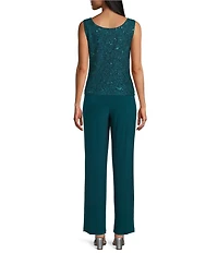 R & M Richards 3/4 Sleeve Sequin And Pearl Embellished Crew Neck Lace 3-Piece Pant Set