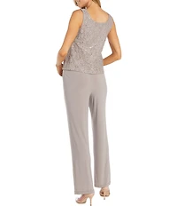 R & M Richards 3/4 Sleeve Sequin And Pearl Embellished Crew Neck Lace 3-Piece Pant Set