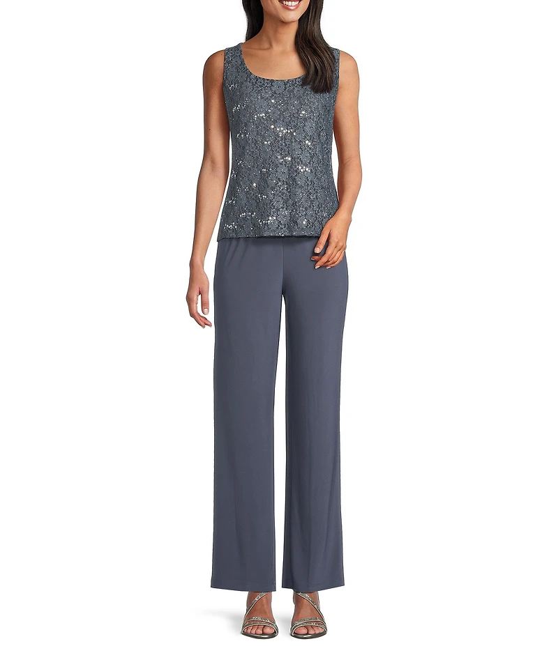 R & M Richards 3/4 Sleeve Sequin And Pearl Embellished Crew Neck Lace 3-Piece Pant Set