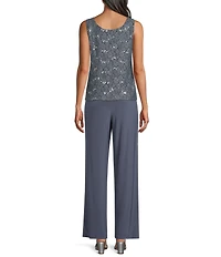 R & M Richards 3/4 Sleeve Sequin And Pearl Embellished Crew Neck Lace 3-Piece Pant Set