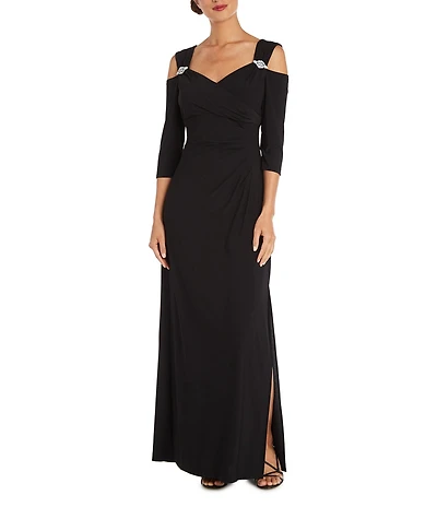 R & M Richards 3/4 Sleeve Sweetheart Neck Cold Shoulder Side Slit Dress