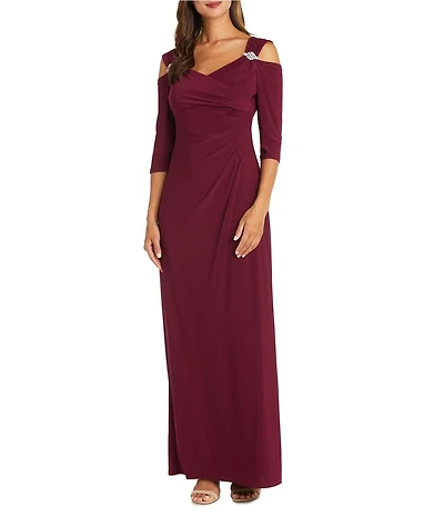 R & M Richards 3/4 Sleeve Sweetheart Neck Cold Shoulder Side Slit Dress