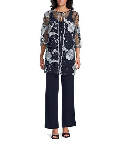 R & M Richards 3/4 Sleeve V-Neck Embroidered Soutache Sequin Jacket 3-Piece Pant Set