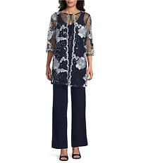 R & M Richards 3/4 Sleeve V-Neck Embroidered Soutache Sequin Jacket 3-Piece Pant Set