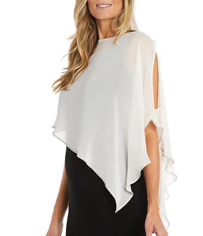 R & M Richards 3/4 Split Sleeve Crew Neck Rhinestone Trim Chiffon Poncho