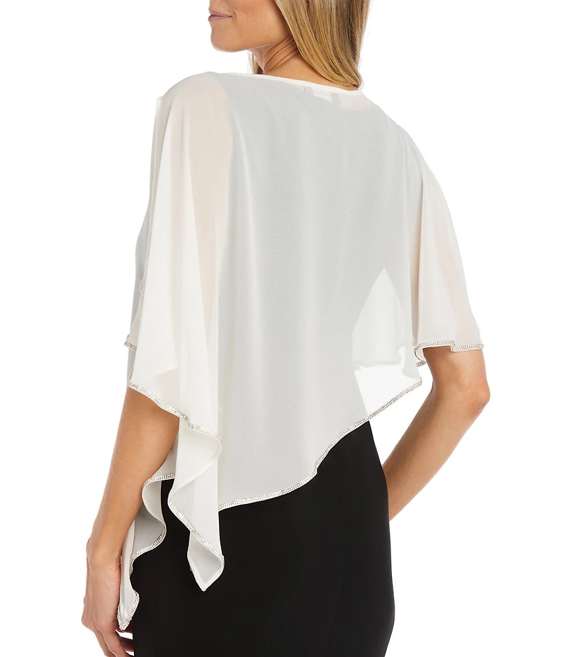 R & M Richards 3/4 Split Sleeve Crew Neck Rhinestone Trim Chiffon Poncho
