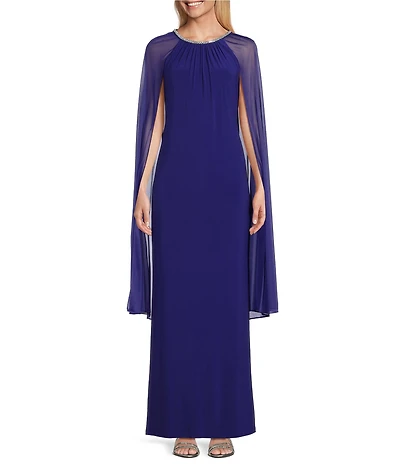 R & M Richards Beaded Crew Neck Sleeveless Cape Sheath Dress