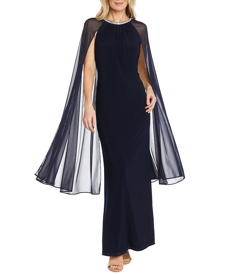 R & M Richards Beaded Crew Neck Sleeveless Cape Sheath Dress