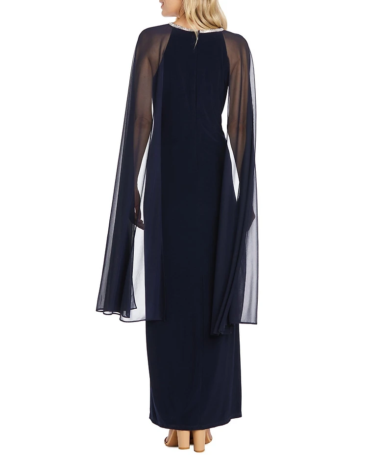 R & M Richards Beaded Crew Neck Sleeveless Cape Sheath Dress