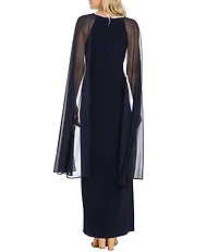 R & M Richards Beaded Crew Neck Sleeveless Cape Sheath Dress