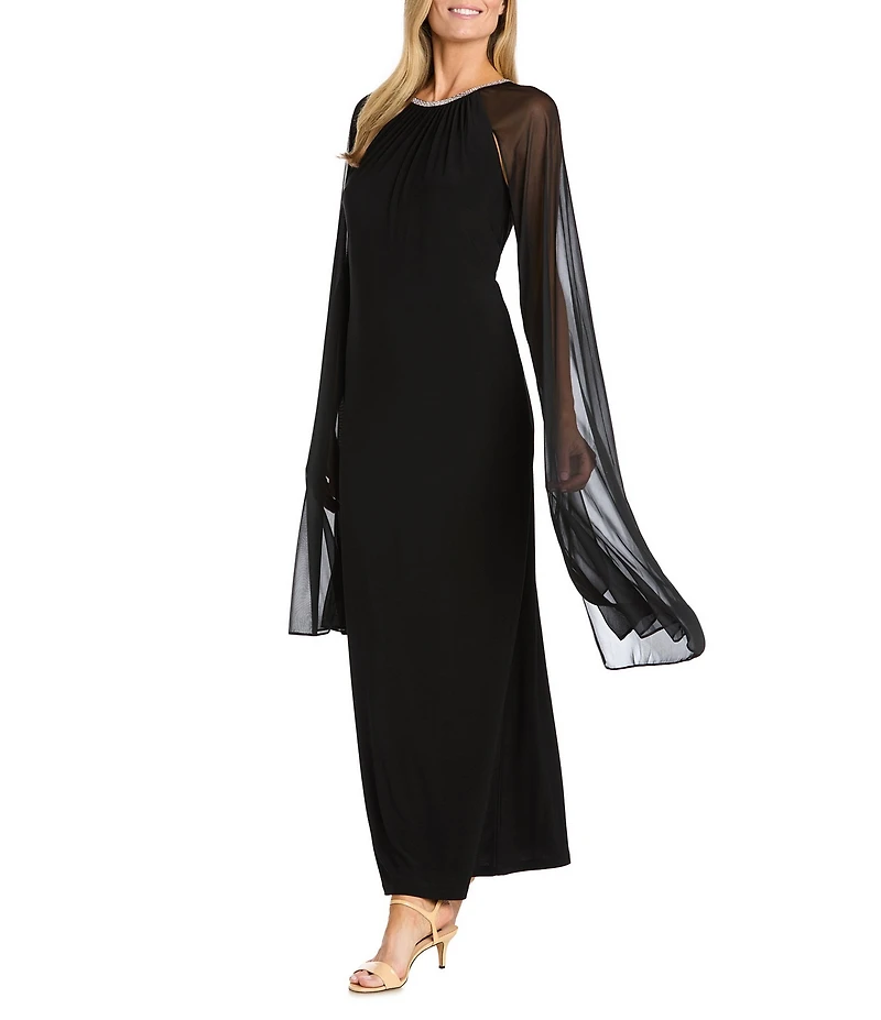 R & M Richards Beaded Crew Neck Sleeveless Cape Sheath Dress