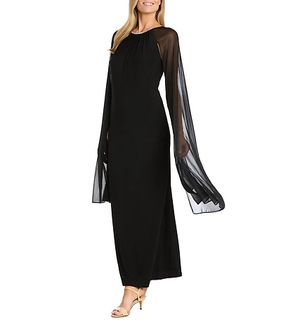 R & M Richards Beaded Crew Neck Sleeveless Cape Sheath Dress