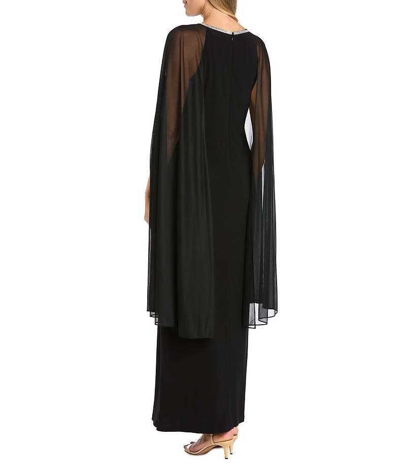 R & M Richards Beaded Crew Neck Sleeveless Cape Sheath Dress