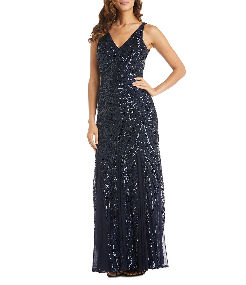 R & M Richards Beaded Mesh Sleeveless V-Neck Godet Long Dress