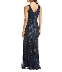 R & M Richards Beaded Mesh Sleeveless V-Neck Godet Long Dress