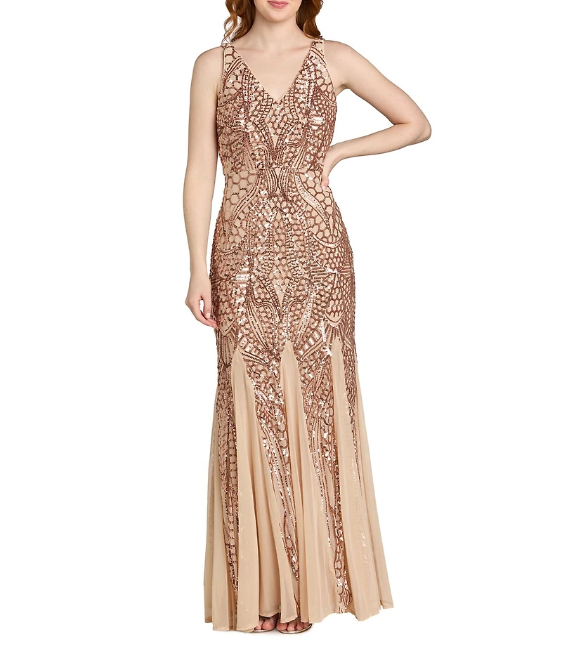 R & M Richards Beaded Mesh Sleeveless V-Neck Godet Long Dress