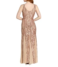 R & M Richards Beaded Mesh Sleeveless V-Neck Godet Long Dress