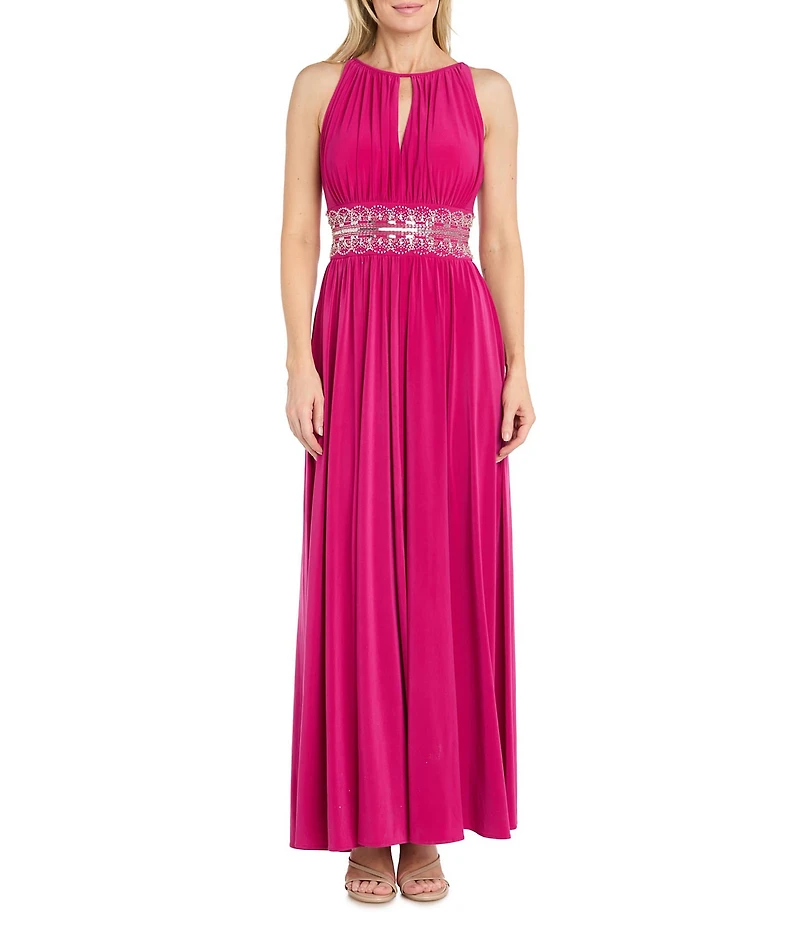 R & M Richards Beaded Waist Keyhole Neck Front Slit A-Line Gown