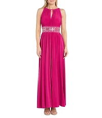 R & M Richards Beaded Waist Keyhole Neck Front Slit A-Line Gown