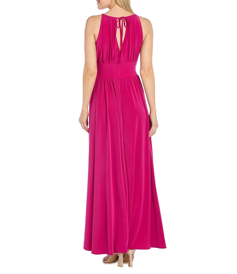 R & M Richards Beaded Waist Keyhole Neck Front Slit A-Line Gown