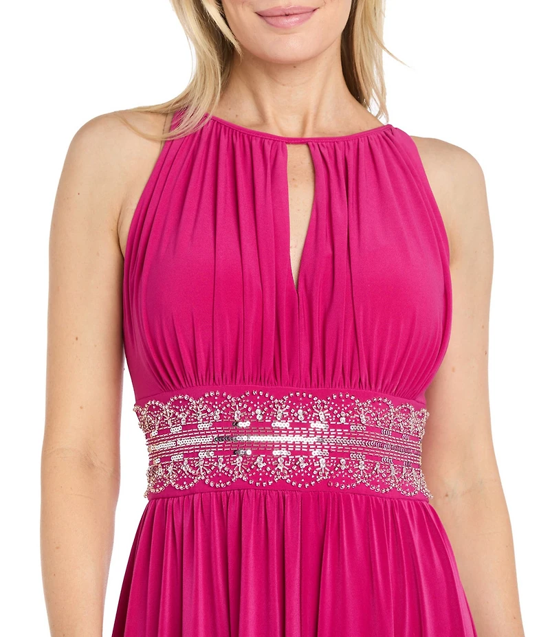 R & M Richards Beaded Waist Keyhole Neck Front Slit A-Line Gown