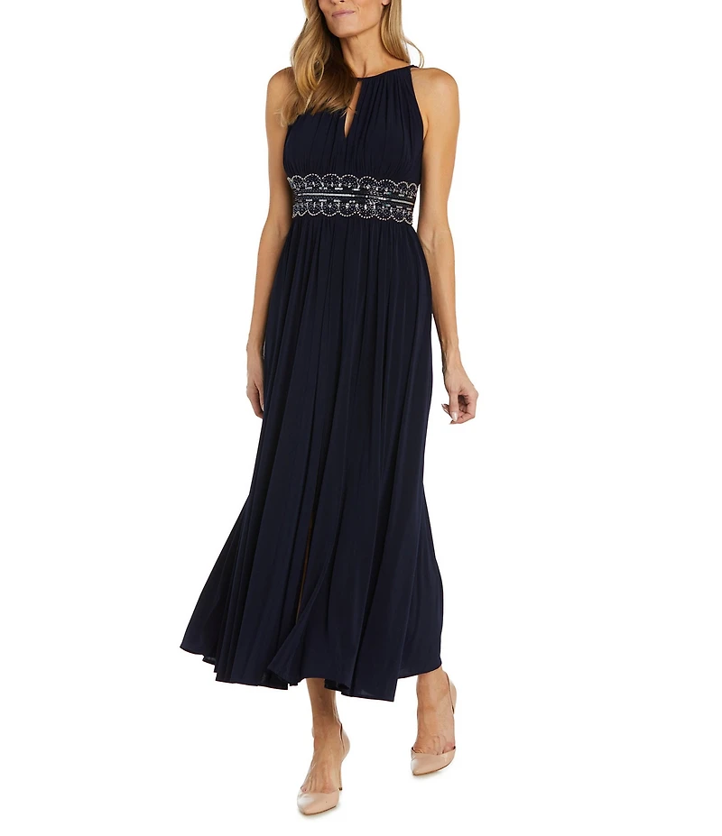 R & M Richards Beaded Waist Keyhole Neck Front Slit A-Line Gown