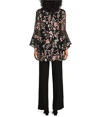 R & M Richards Bell Sleeve Scoop Neck Embroidered Mesh 3-Piece Duster Pant Set