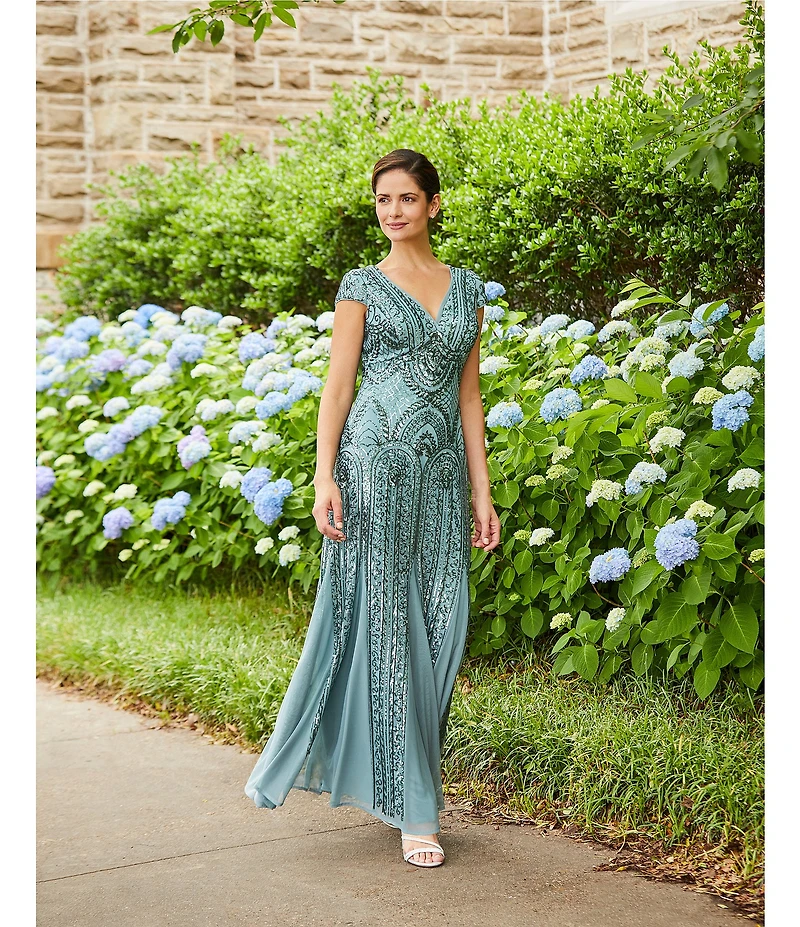 R & M Richards Cap Sleeve V-Neck Godet Insets Embroidered Sequin Dress
