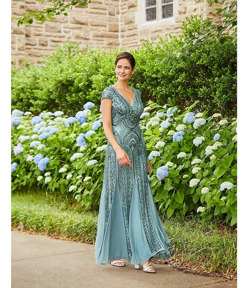 R & M Richards Cap Sleeve V-Neck Godet Insets Embroidered Sequin Dress