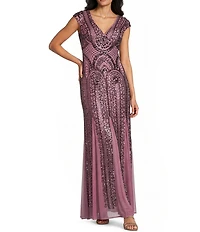 R & M Richards Cap Sleeve V-Neck Godet Insets Embroidered Sequin Long Dress