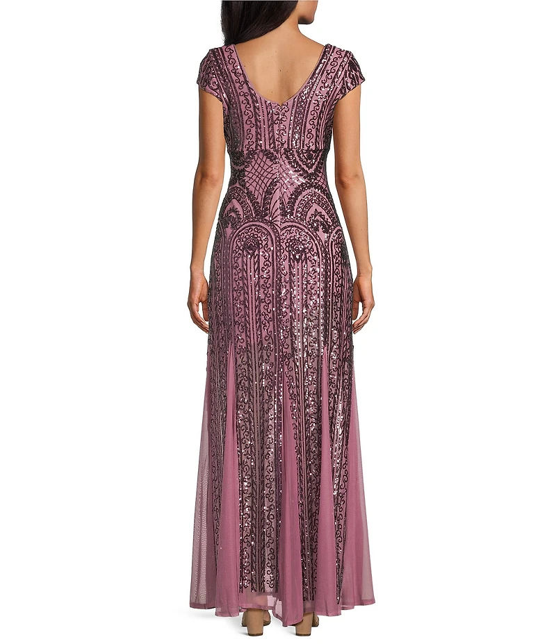 R & M Richards Cap Sleeve V-Neck Godet Insets Embroidered Sequin Long Dress