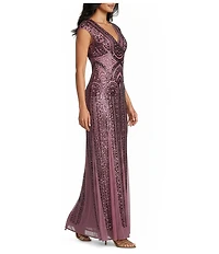 R & M Richards Cap Sleeve V-Neck Godet Insets Embroidered Sequin Long Dress