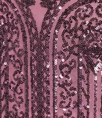 R & M Richards Cap Sleeve V-Neck Godet Insets Embroidered Sequin Long Dress