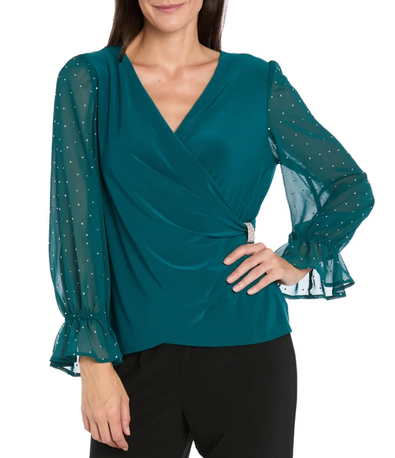R & M Richards Chiffon Studded Long Balloon Sleeves Wrap ITY Top