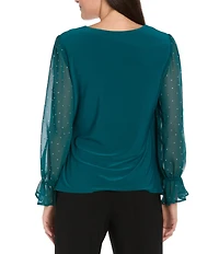 R & M Richards Chiffon Studded Long Balloon Sleeves Wrap ITY Top