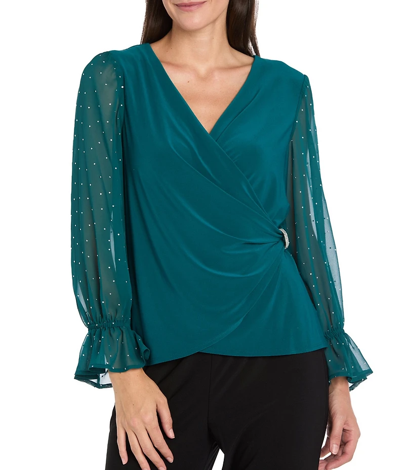 R & M Richards Chiffon Studded Long Balloon Sleeves Wrap ITY Top