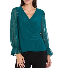 R & M Richards Chiffon Studded Long Balloon Sleeves Wrap ITY Top