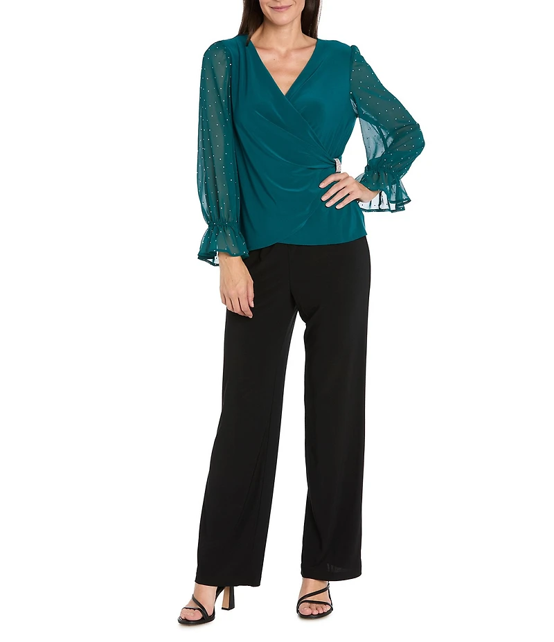 R & M Richards Chiffon Studded Long Balloon Sleeves Wrap ITY Top