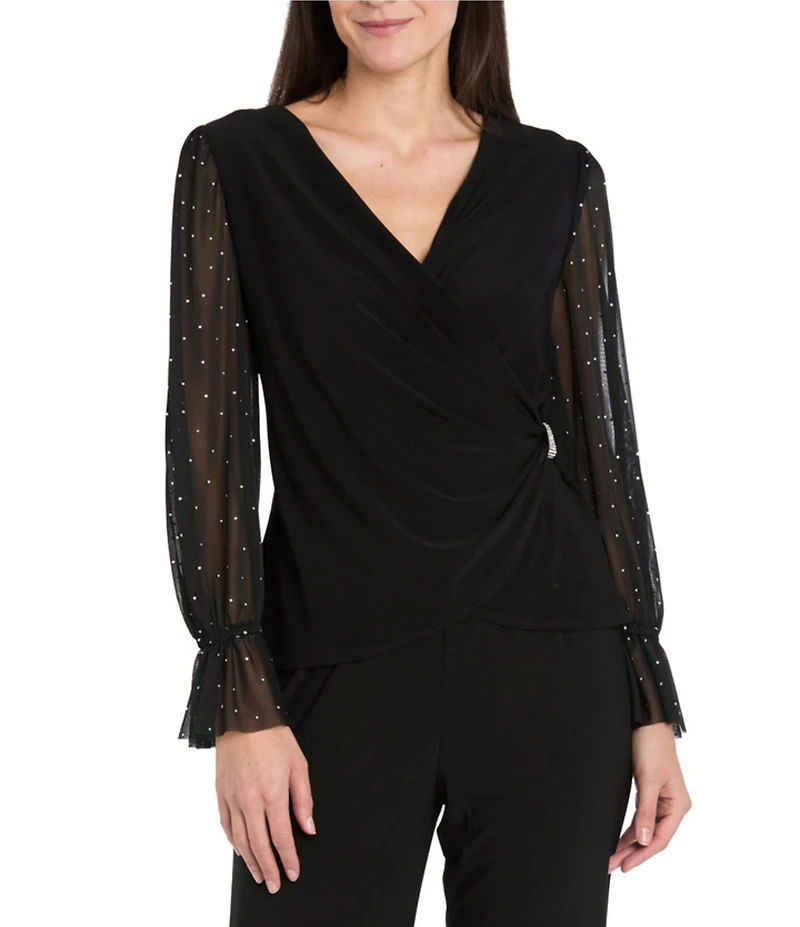 R & M Richards Chiffon Studded Long Balloon Sleeves Wrap ITY Top