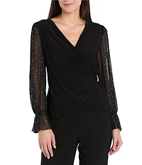R & M Richards Chiffon Studded Long Balloon Sleeves Wrap ITY Top
