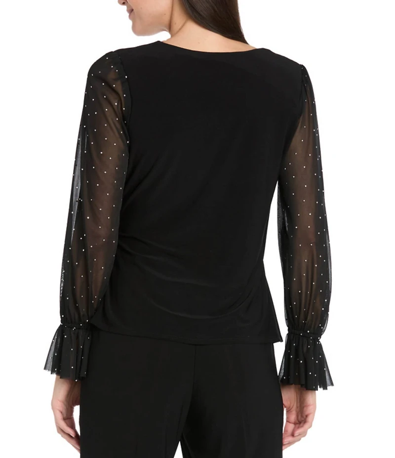 R & M Richards Chiffon Studded Long Balloon Sleeves Wrap ITY Top
