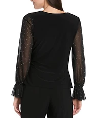 R & M Richards Chiffon Studded Long Balloon Sleeves Wrap ITY Top