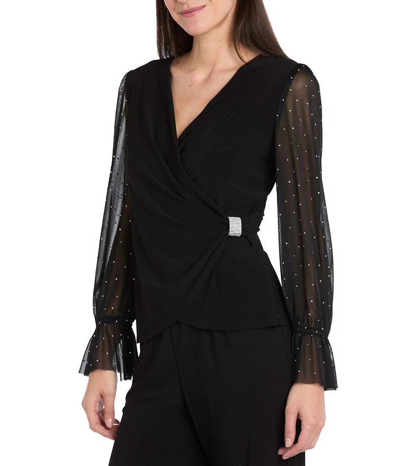 R & M Richards Chiffon Studded Long Balloon Sleeves Wrap ITY Top