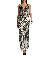 R & M Richards Contrast Floral Sequin Motif Halter Sleeveless Godet Skirt Long Gown