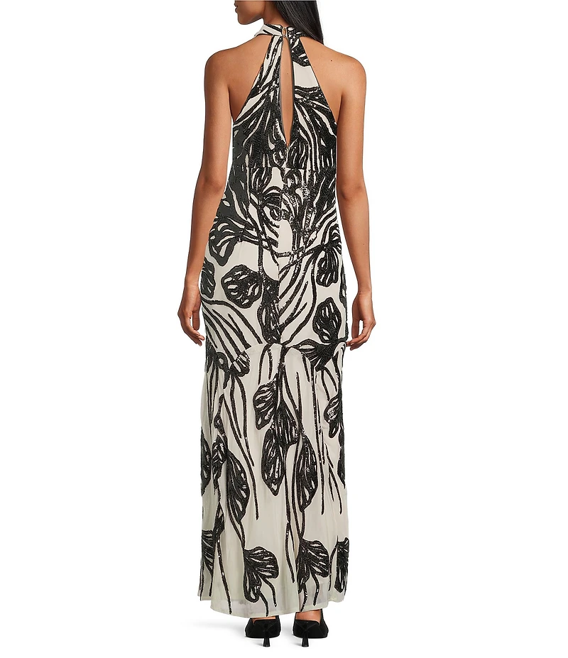 R & M Richards Contrast Floral Sequin Motif Halter Sleeveless Godet Skirt Long Gown
