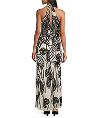 R & M Richards Contrast Floral Sequin Motif Halter Sleeveless Godet Skirt Long Gown
