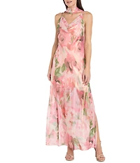 R & M Richards Cowl Neck Chiffon Floral Print Long Dress