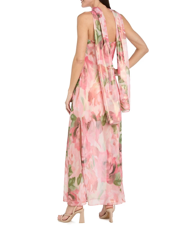 R & M Richards Cowl Neck Chiffon Floral Print Long Dress
